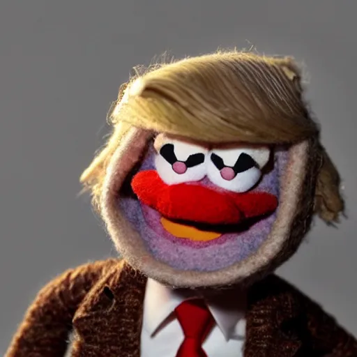 Image similar to close up of donald trump muppet, puppet, wool, dslr photo