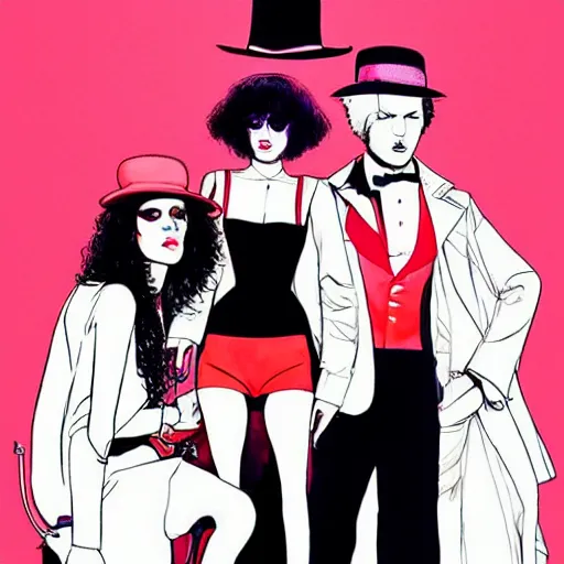 Prompt: a clockwork orange female droog gang designed by moebius tom ford artgerm and a red pininfarina sportscar in the background