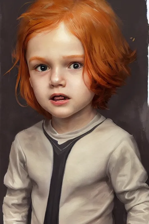 Image similar to a little boy with a michievous face and ginger hair. he is dressed as a superhero. clean elegant painting, beautiful detailed face. by artgerm and greg rutkowski