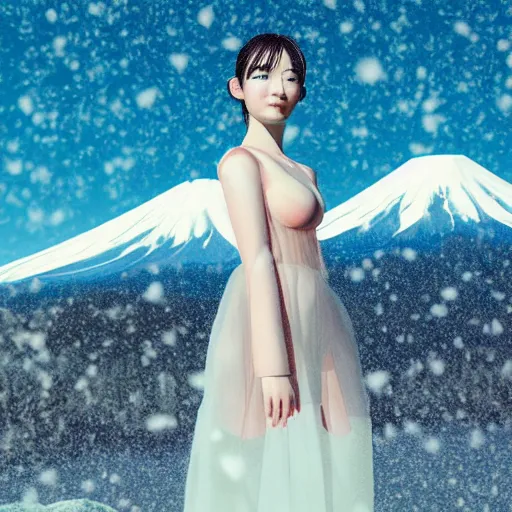 Image similar to a instax photo of fuji mountain, a tall japanese girl in a transparent sheer fabric dress against the background of fuji mountain, severe snow, full body shot, perfect symmetrical body, perfect symmetrical face, coherent symmetrical eyes, hyperrealistic, hyperdetailed, octane render, 8 k