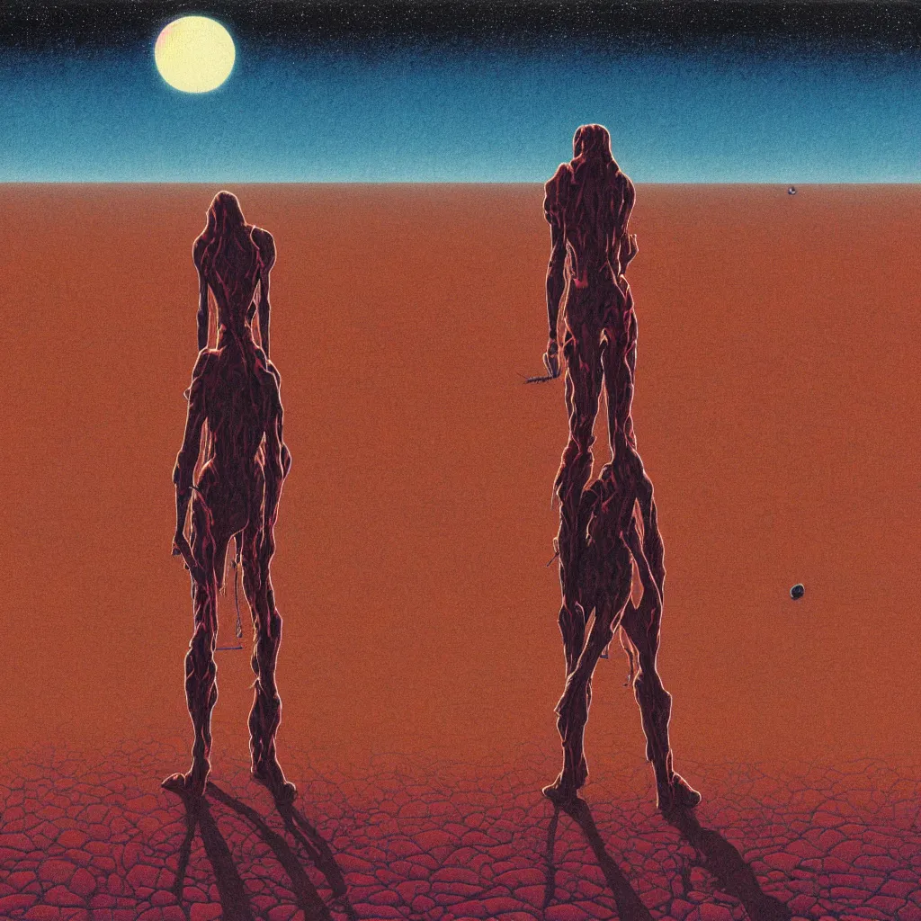 Prompt: high detailed lone person looking to its dying planet on a progressive rock 70s 80s album cover style by Barry Godber, oil paint on canvas, moebius, incal, realistic art, evangelion third impact inspired, dune, pulp magazines cover art, Eliran Kantor, sand and desert environment, Eloy band, cinematic, unreal engine, high quality, eerily beautiful, cgsociety, 4K, UHD, Zdzisław Beksiński, by George Caleb Bingham and Donato Giancola and Bob Eggleton, trending on ArtStation
