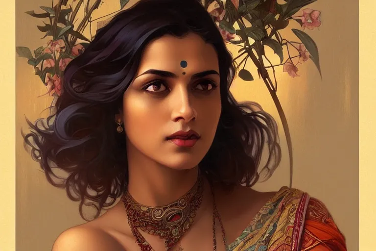 Image similar to sensual pale beautiful indian doctor in jeans, art deco portrait, elegant, intricate, digital painting, artstation, concept art, smooth, sharp focus, illustration, art by artgerm and greg rutkowski and alphonse mucha