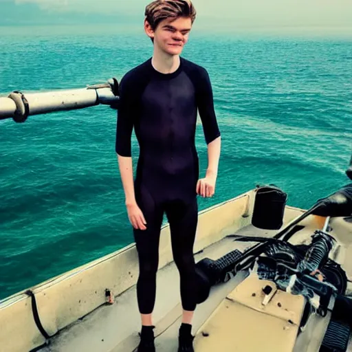 Image similar to Thomas Sangster wearing a lycra suit stepping out of a submarine overlooking the sea, handsome face, glittering sea, glamour shot, realistic face, photogenic