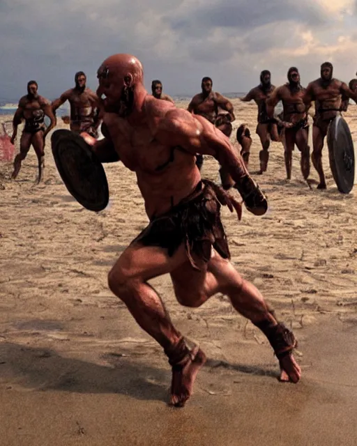 Image similar to spartan warrior sprinting on beach, epic award winning action cinematic still from the movie 3 0 0, muscles,