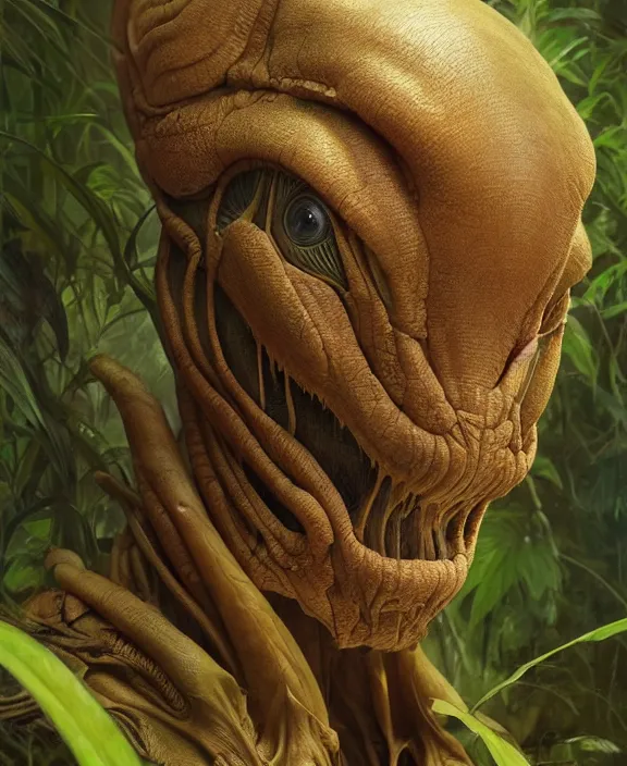 Prompt: intricate earth - toned portrait of a disturbing alien insect creature, mottling coloring, adorable, childlike, overgrown jungle environment, ultra realistic, concept art, maximalist, photorealistic, octane render, 8 k, unreal engine. art by christopher marley and artgerm and greg rutkowski and alphonse mucha