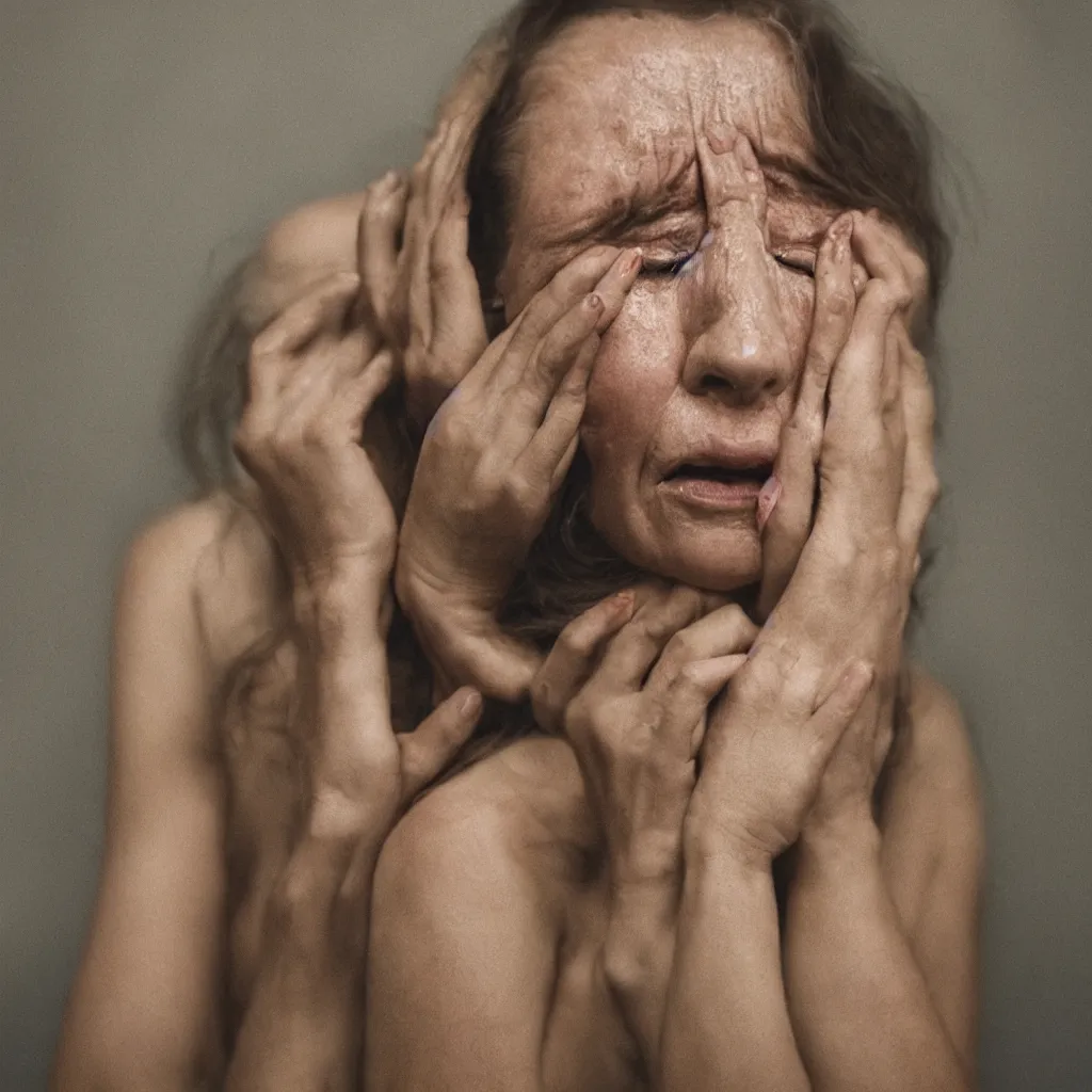 Image similar to a woman crying in the style of annie leibovitz