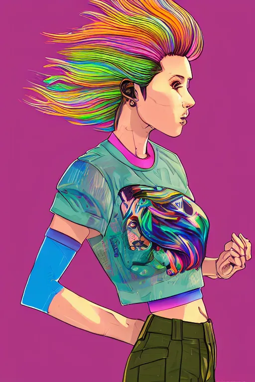 Image similar to a award winning half body portrait of a beautiful woman with stunning eyes in a printed croptop and cargo pants with rainbow colored ombre hairstyle head in motion and hair flying by josan gonzales, outrun, vaporware, shaded flat illustration, digital art, trending on artstation, highly detailed, fine detail, intricate