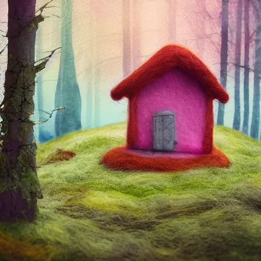 Image similar to small wooden house in the middle of spring forest, bright colours, watercolor, volumetric wool felting, macro photography, children illustration, by simon stalenhag