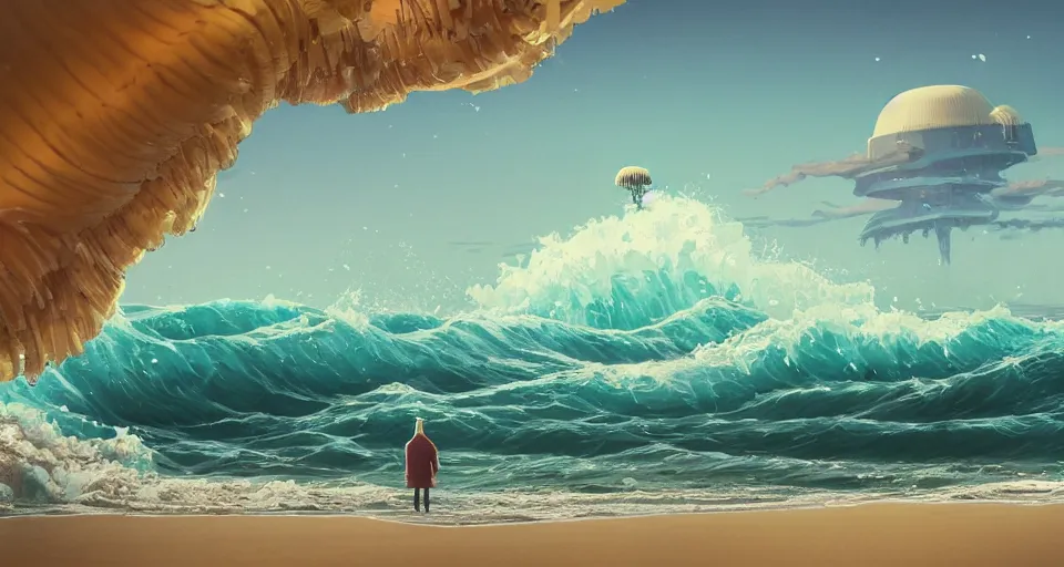 Image similar to A very beautiful serene coastal landscape scene with a GIANT MECHA JELLYFISH looming in the distance, bright sunny waves splashing on the beach, Translucent rendered by simon stålenhag, The Great Wave off Kanagawa, rendered by Beeple, Makoto Shinkai, syd meade, environment concept, digital art, starwars, unreal engine, 3 point perspective, WLOP, trending on artstation, low level, 4K UHD image, octane render,