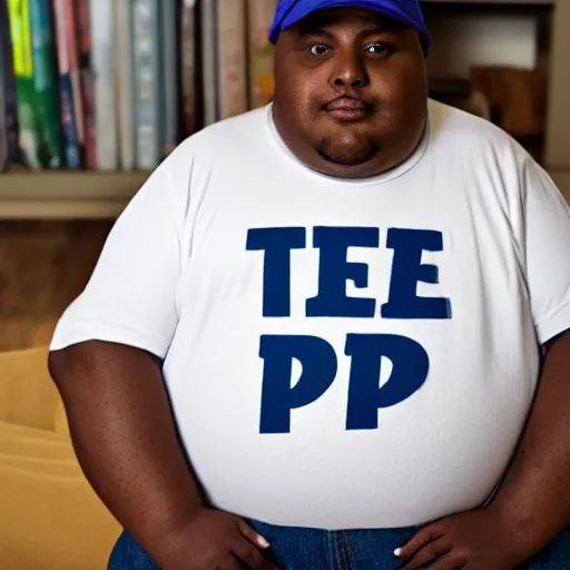 Image similar to very obese man with a t-shirt and a cap with the letter P, writing on a book