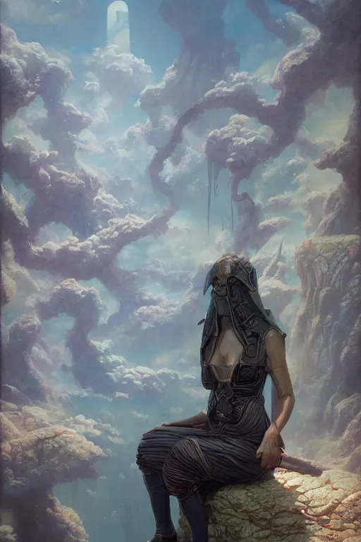 Image similar to fantasy painting with a woman in a surreal environment by Greg Rutkowski and Michael Whelan