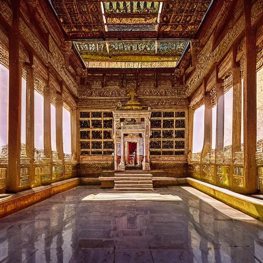 Image similar to inside a majestic, highly detailed beautiful very tall temple by raghu rai, light rays, rayleigh scattering