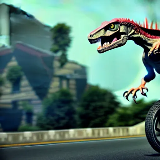 Image similar to a velociraptor riding a motorbike, photorealistic 3 d octane render, unreal engine