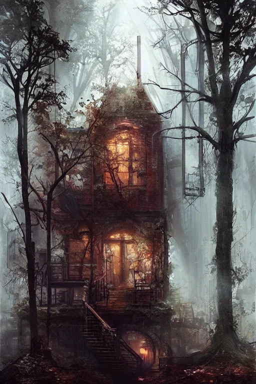 Prompt: (((((a ramshackle manhattan brick brownstone deep in the forest))))) by Bastien Lecouffe Deharme!!!!!!!!!!!!!!!!!!!!!!!!!!!