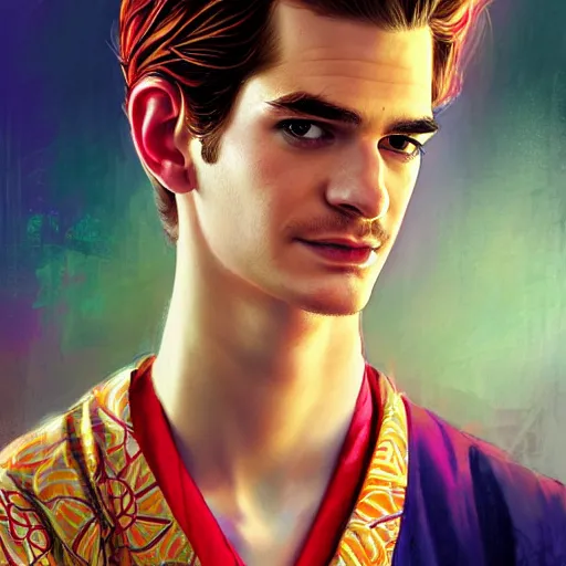 Image similar to colorful Captivating andrew garfield, brown eyes with red eye markers, slim body, wearing a detailed Japanese kimono with golden details, atmospheric lighting, painted, intricate, 4k, highly detailed by Charlie Bowater