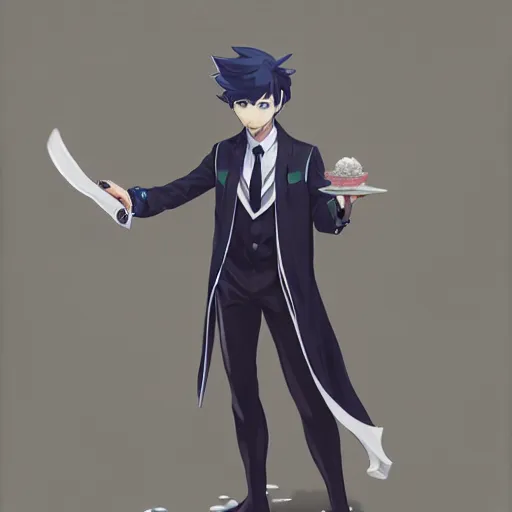 Prompt: rimuru tempest dressed as a butler, cute, highly detailed, professional digital painting, concept art, unreal engine 5, 8 k, cinematic, wlop, art by greg rutkowski, pixiv art, taiki kawakami, yoshitaka amano