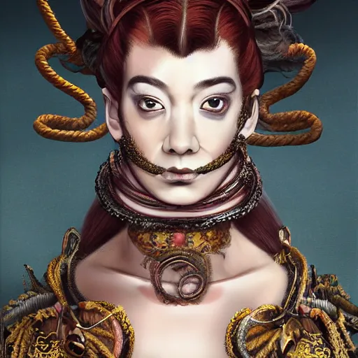 Prompt: portrait of a Shibari rope wrapped face and neck, headshot, insanely nice professional hair style, dramatic hair color, digital painting, of a old 18th century, Royal Emperor, facial tattoos, amber jewels, baroque, ornate clothing, scifi, realistic, hyperdetailed, chiaroscuro, concept art, art by Franz Hals and Jon Foster and Ayami Kojima and Amano and Karol Bak,