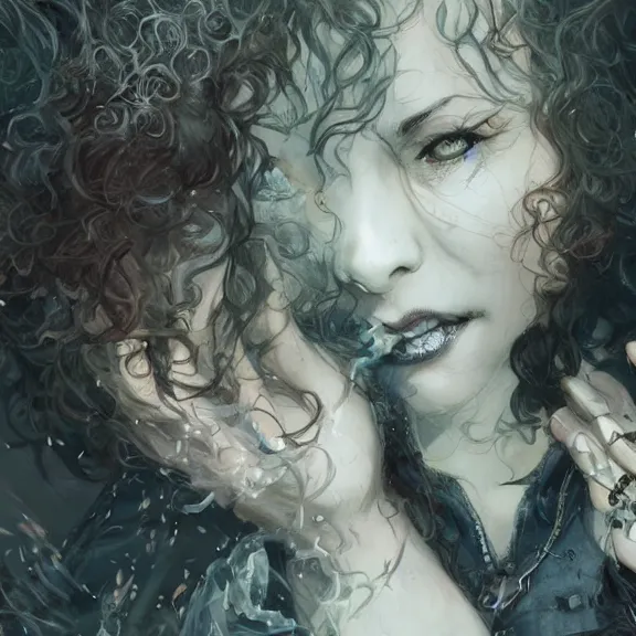 Image similar to christina hendricks!!!!! goth!!!!!, tankoban, 4 k, tone mapping, akihiko yoshida, james jean andrei riabovitchev marc simonetti, yoshitaka amano, long hair, curly, h. hydrochaeri