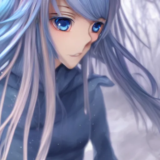 Image similar to a very beautiful anime elf girl, full body, long straight silver hair, sky blue eyes pointy ears, full round face, short smile, casual clothes, ice snowy lake setting, cinematic lightning, medium shot, mid-shot, highly detailed, trending on Artstation, Unreal Engine 4k, cinematic wallpaper by Stanley Artgerm Lau, WLOP, Rossdraws, James Jean, Andrei Riabovitchev, Marc Simonetti, and Sakimichan