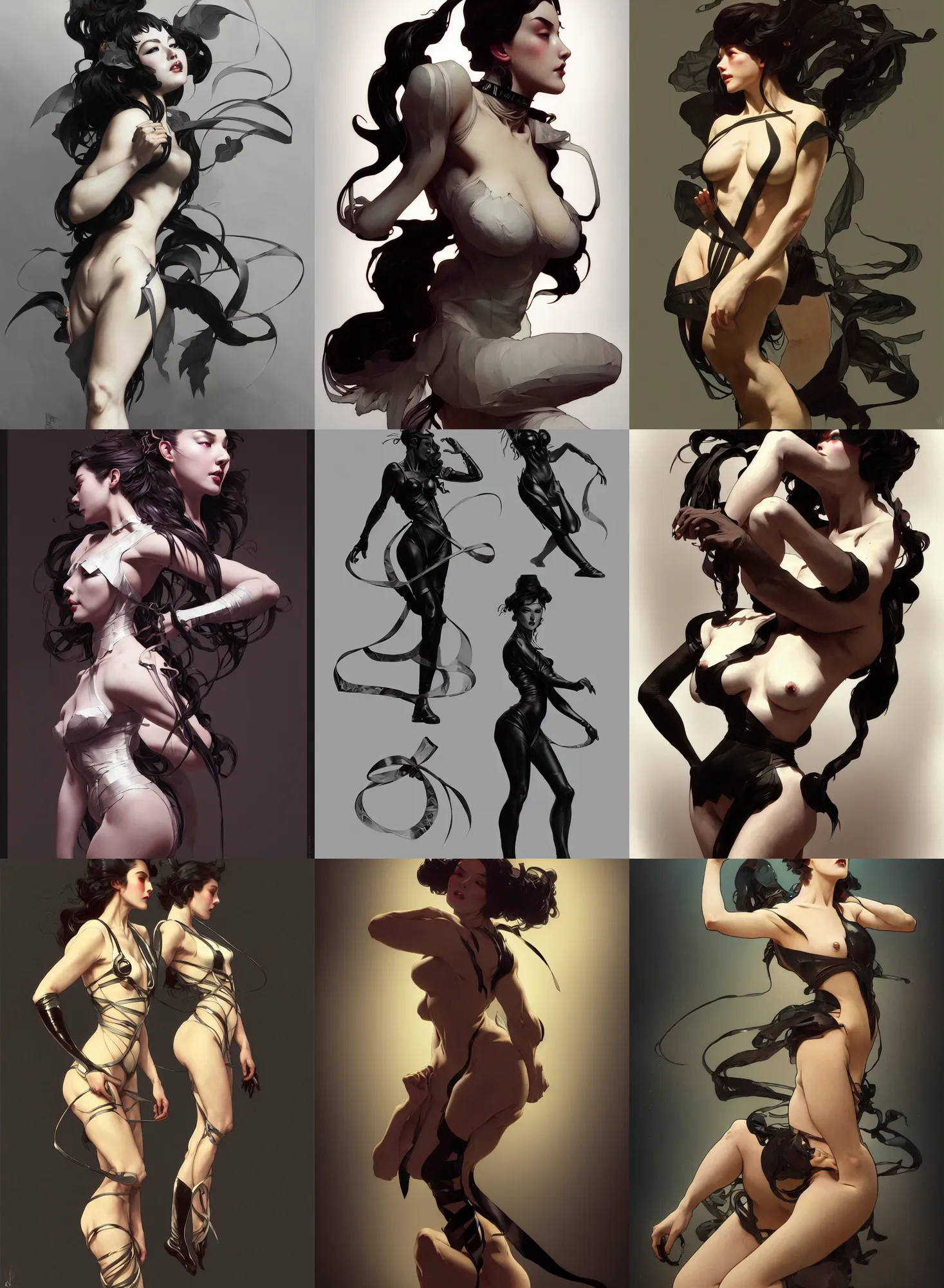 Image similar to digital concept art by artgerm, tooth wu, bierstadt, gurney, stalenhag and alphonse mucha. namilia. just one lonely black tape project attctive showgirl!! full body!! contour light effect!! 8 k, stage light. octane render. sharp edge. ultra clear detailed, sitting pose