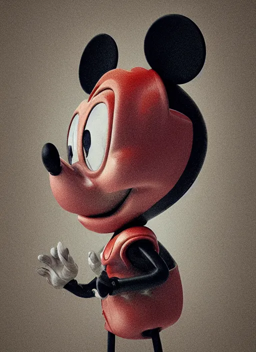 Image similar to mickey mouse head, fractal, broken, wet, mycelium, radiant alien, rococo, baroque, automotive, bio-mechanical, porcelain, iridescent sub surface scattering, octane render