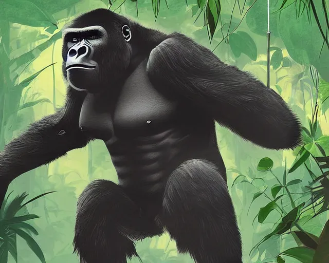 Image similar to a gorilla playing volleyball in a jungle, digital art, in the style of greg rutkowski