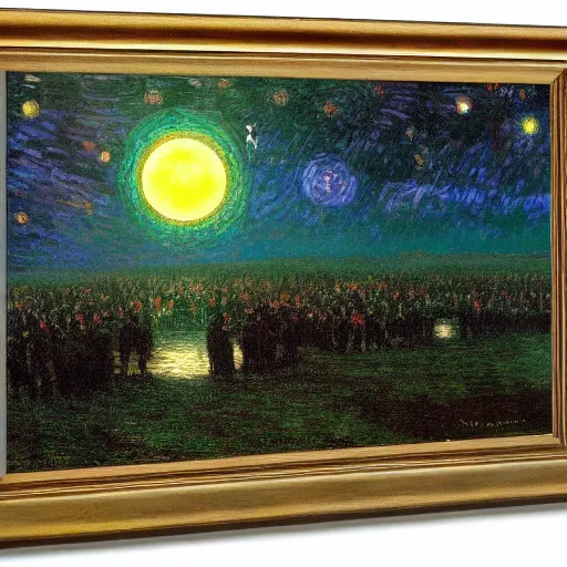 Prompt: stars, solar eclipse, looming over the earth, hdr, hq, painting by gustave dore and vincent van gogh and claude monet and thomas kinkade, masterpiece