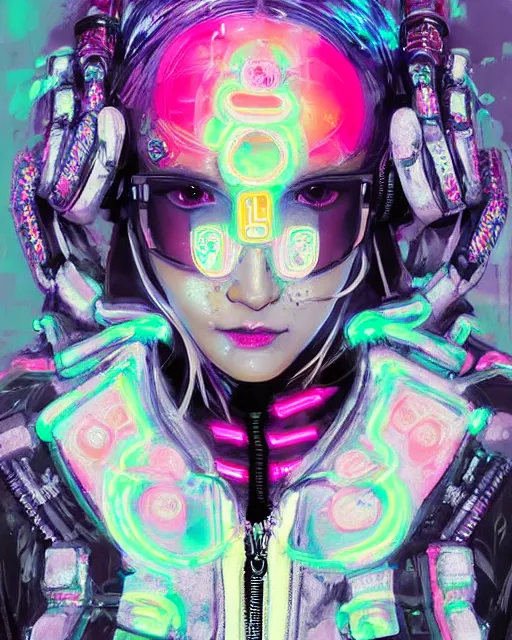 Prompt: detailed portrait Neon Operator Girl, cyberpunk futuristic neon, reflective catsuit, decorated with traditional Japanese ornaments by Ismail inceoglu dragan bibin hans thoma !dream detailed portrait Neon Operator Girl, cyberpunk futuristic neon, reflective puffy coat, decorated with traditional Japanese ornaments by Ismail inceoglu dragan bibin hans thoma greg rutkowski Alexandros Pyromallis Nekro Rene Maritte Illustrated, Perfect face, fine details, realistic shaded, fine-face, pretty face