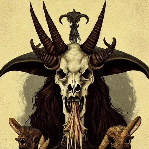 Image similar to baphomet with goat horns holding an animal skull, style of da vinci, horror, fantasy illustration, by greg rutkowski