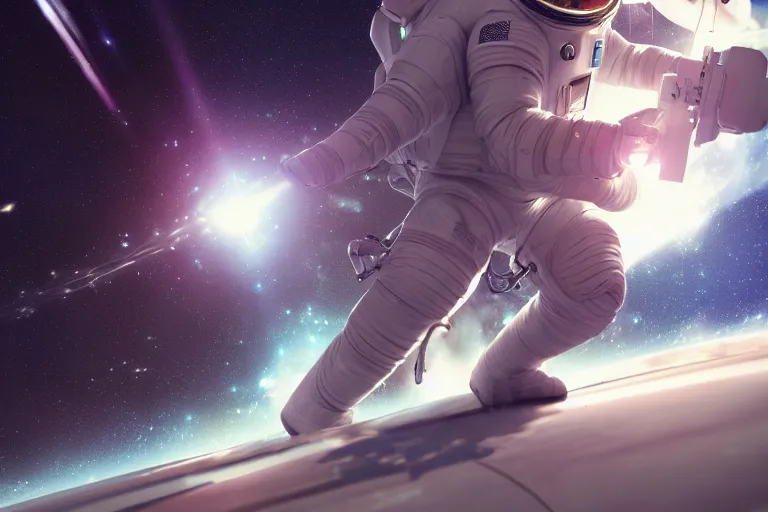 Image similar to astronaut chasing a distant spaceship Anime, wide angle, fine details, cinematic. galaxy starscape. realistic shaded lighting by Ilya Kuvshinov Giuseppe Dangelico Pino and Michael Garmash and Rob Rey greg rutkowski, octane render, IAMAG premiere, aaaa achievement collection, elegant freckles, cinematic hologram, fabulous, daily deviation, annual award winner