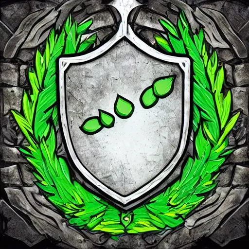 Image similar to green leaves shield, tree roots on the shield, shield made of leaves, epic fantasy style, card game artwork