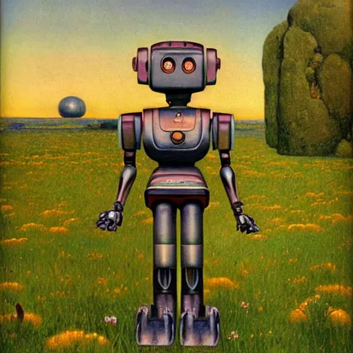 Prompt: A colorful, detailed print - A portrait of a robot standing in a field. by Arnold Bocklin and Barclay Shaw, masterful print. 4k, unreal engine stunning Art Nouveau