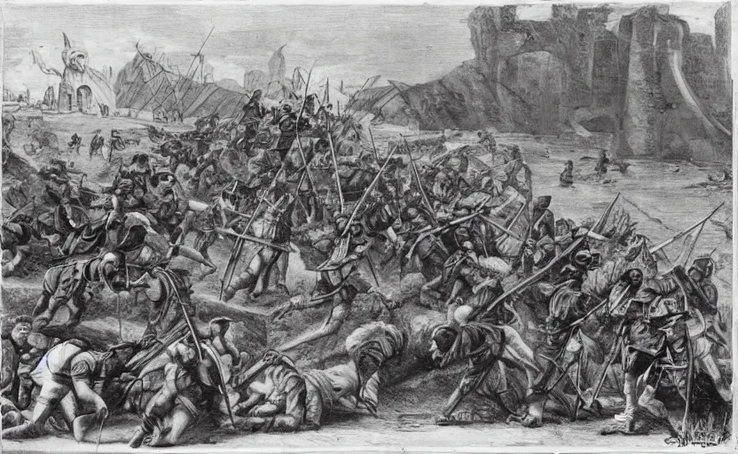 Prompt: a few italian brigands ambushed by papal state troops on a bridge