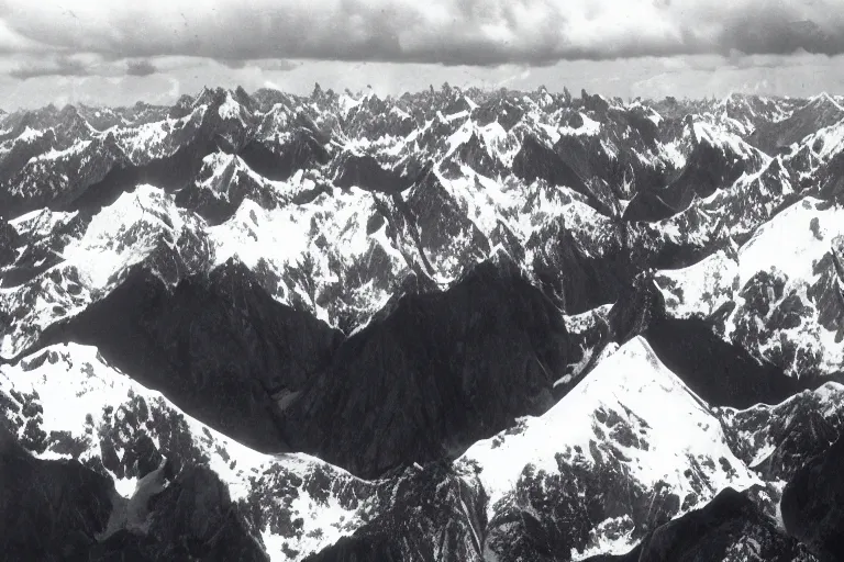 Image similar to tall mountains covered in snow and glaciers, photo from airplane by Ansel Adams,