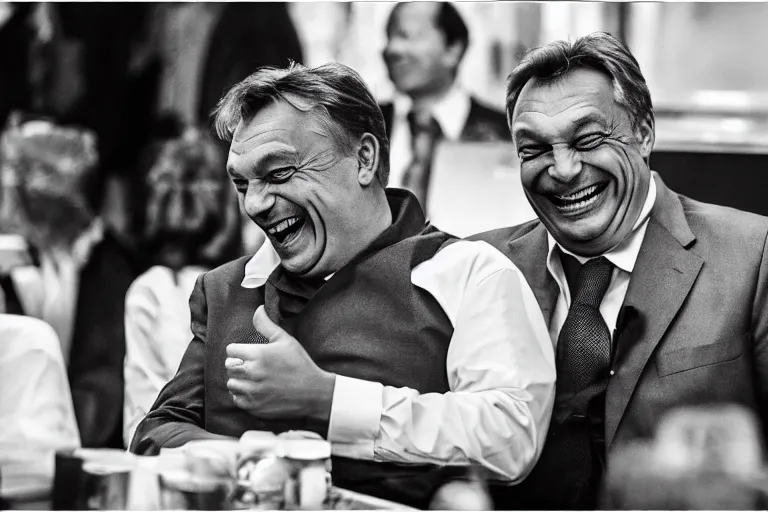 Image similar to viktor orban laughing hard by peter lindbergh