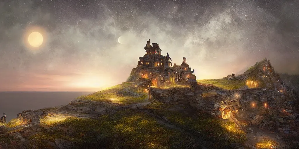 Prompt: Castle on the edge of a cliff overlooking the ocean at midnight by Jessica Rossier