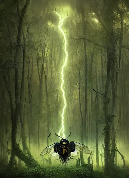 Image similar to photo of a crazy wasp, warped reality, cinematic lighting, magical forest, thunderstorm, flood, fantasy landscape, artstation, art by alison watt, altichiero, americo makk, arthur hughes