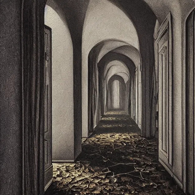 Image similar to ultra - realistic painting gothic 1 9 2 0 s hotel hallway crumbling into a horrifying cosmic sky, atmospheric lighting, dark, brooding, foreboding, fine details, realistic shading