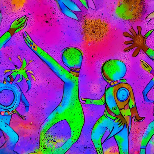 Image similar to aliens and humans playing holi, digital art