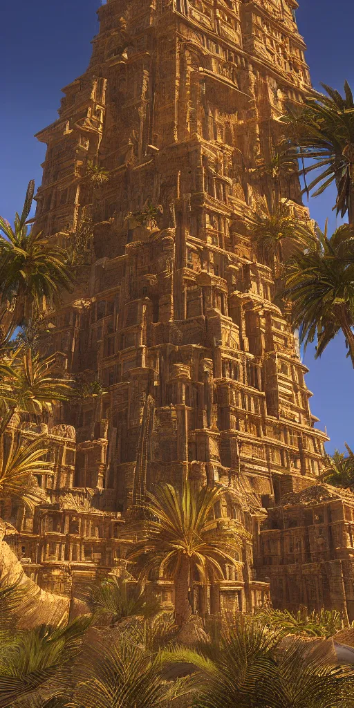 Image similar to eye level view of a golden detailed babylon tower, fantasy, golden hour, photorealism, arid mountains and palm forest, unreal engine