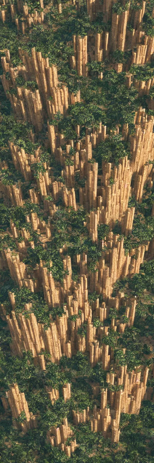 Image similar to photo of vertical golden tower, stacked ancient village, arid mountains and lush palm forest, photo realism, sharp focus, octane