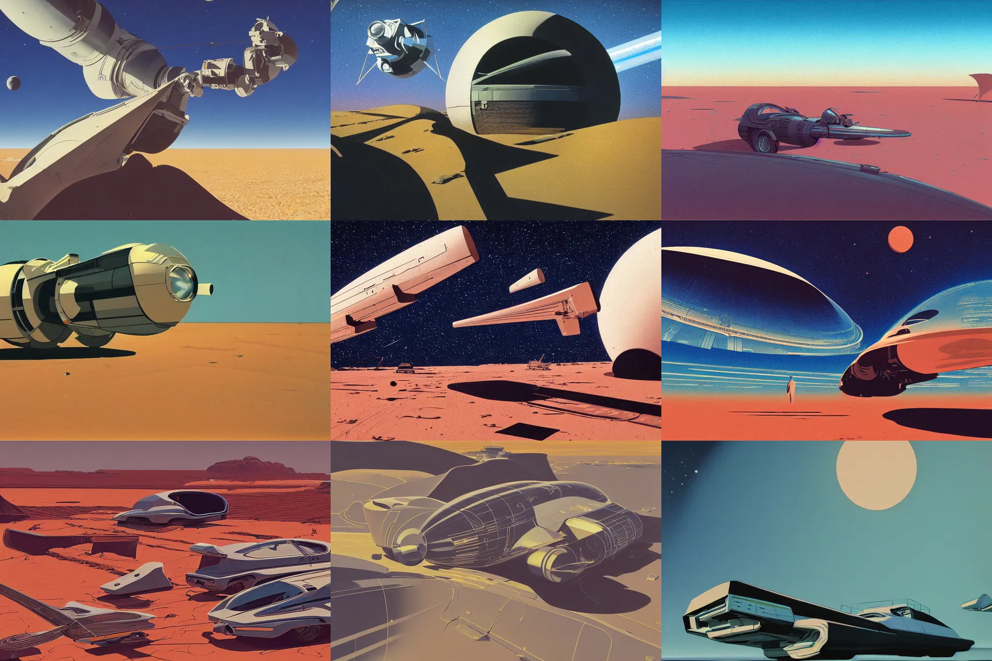 Prompt: Cinestill 800t, 8K, 35mm; beautiful ultra realistic minimalistic syd mead in space(1950) film still desert scene, 2000s frontiers in retrofuturism fashion magazine September hyperrealism moebius edition, highly detailed, extreme closeup three-quarter scene, tilt shift LaGrange point orbit background, three point perspective, focus on two android models in blade runner style blimp;sunflare;back to camera, soft lighting