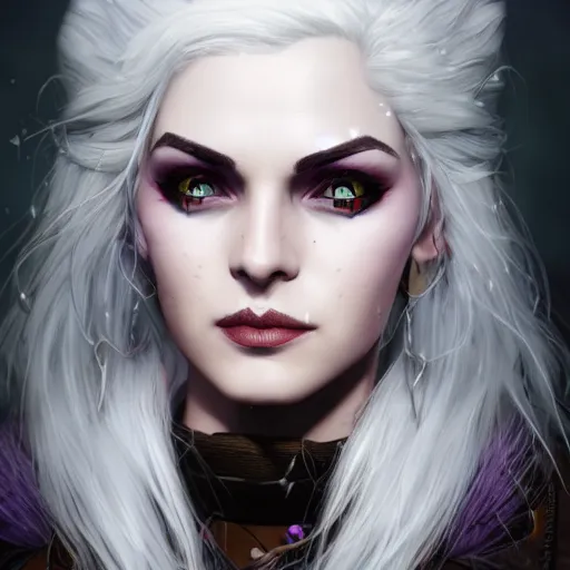 Image similar to an epic portrait of evelynn as a witcher, witcher design, beautiful face, detailed face, white hair, epic fantasy art, trending on artstation, deviantart, high detail, high definiton, ultra realistic, high quality, ultra quality, hyper realistic, 4 k uhd,