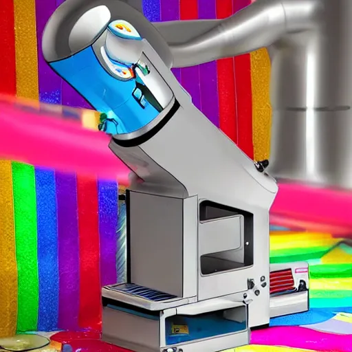 Prompt: a machine that takes in sadness and puts out rainbows, ultra realistic, highly detailed