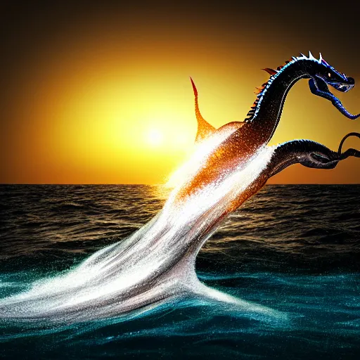 Prompt: 35mm photography, artgerm, sea dragon coming out of the water to attack a boat, rough seas, night, lighting, cinematic lighting, realistic