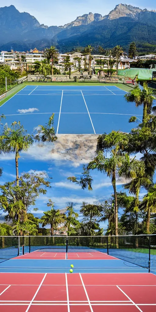 Prompt: The tennis court of the seaside resort, with a mountain background, taken by a professional photographer.