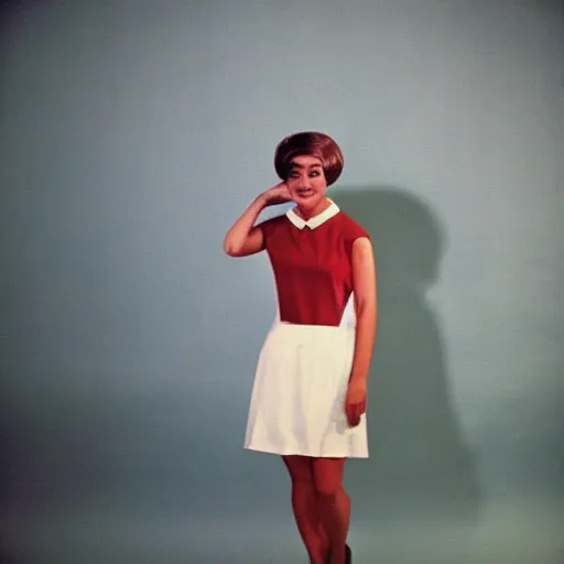 Prompt: a vintage 1 9 6 0 s kodachrome slide of a portrait of a young lady posing in a photographer's studio. she is wearing a white - collared dress in the fashion of the 1 9 6 0 s.