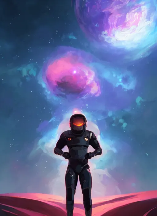 Image similar to handsome black male in a futuristic spacesuit in front of exploding nebulae, 2d game fanart behance hd by Jesper Ejsing, by RHADS, Makoto Shinkai and Lois van baarle, ilya kuvshinov, rossdraws global illumination