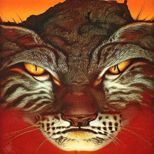 Image similar to giant distorted lynx cat looming over the horizon of a broken earth, perfectly clear face, by j. c. leyendecker and beksinski