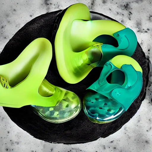 Prompt: Futuristic shoes in the shape of an avocado advertisement photo